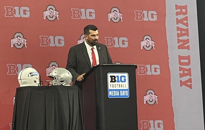 Ohio State head coach Ryan Day speaks at Big Ten Football Media Days.